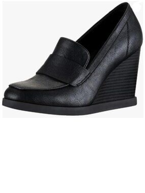 YDN Black Dressy Pump Square Closed Toe Slip On Loafers Wedges High Heeled Shoes